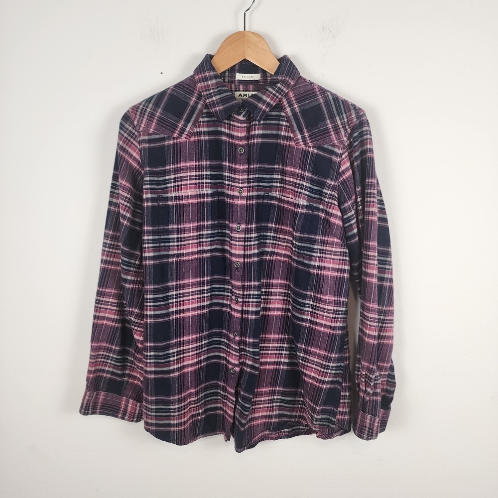 Ariat Real Purple Black Plaid Button Front Long Sleeve‎ Shirt Women's Large